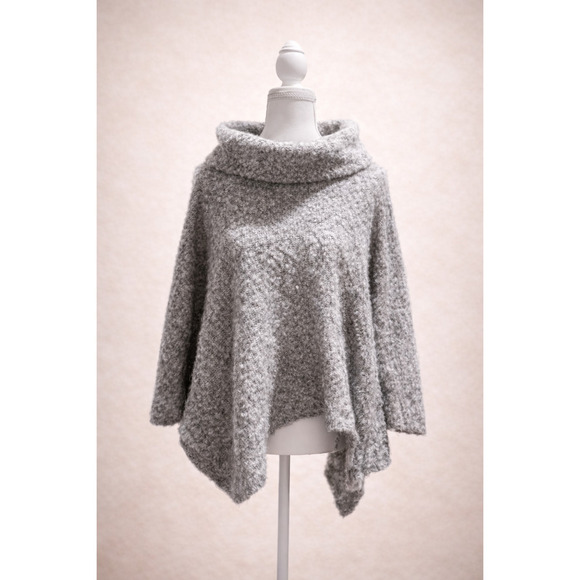 Ponsesa Sweaters - Ponsesa Cowl Neck Bouclé Knit Poncho Sweater Relaxed Cozy Luxury Heathered Grey